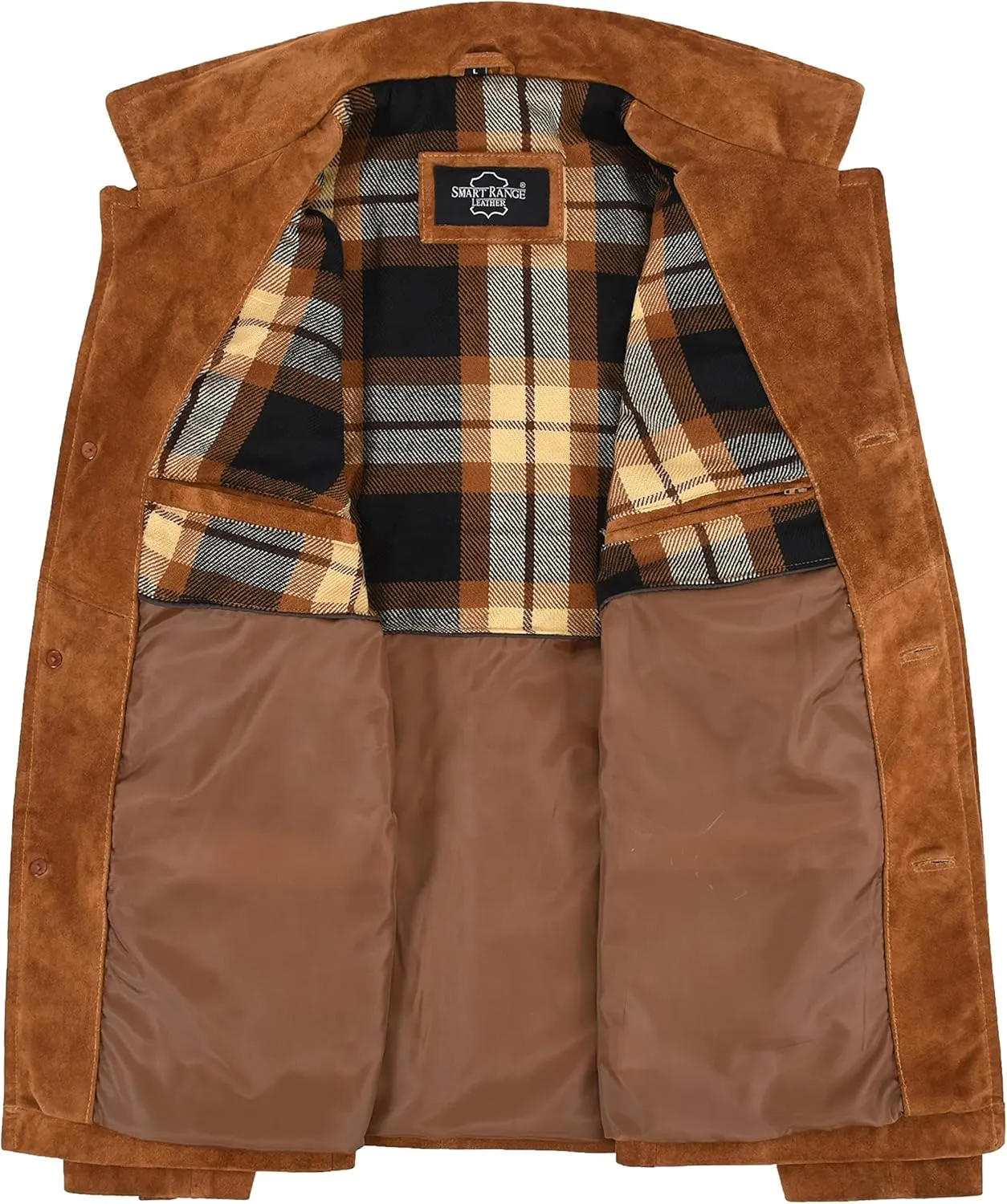 Men’s Classic Collar Real Tan Cow Suede Leather Box Button Fashion Coat Jacket 7742
