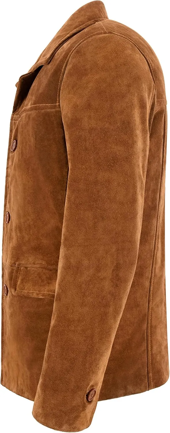 Men’s Classic Collar Real Tan Cow Suede Leather Box Button Fashion Coat Jacket 7742