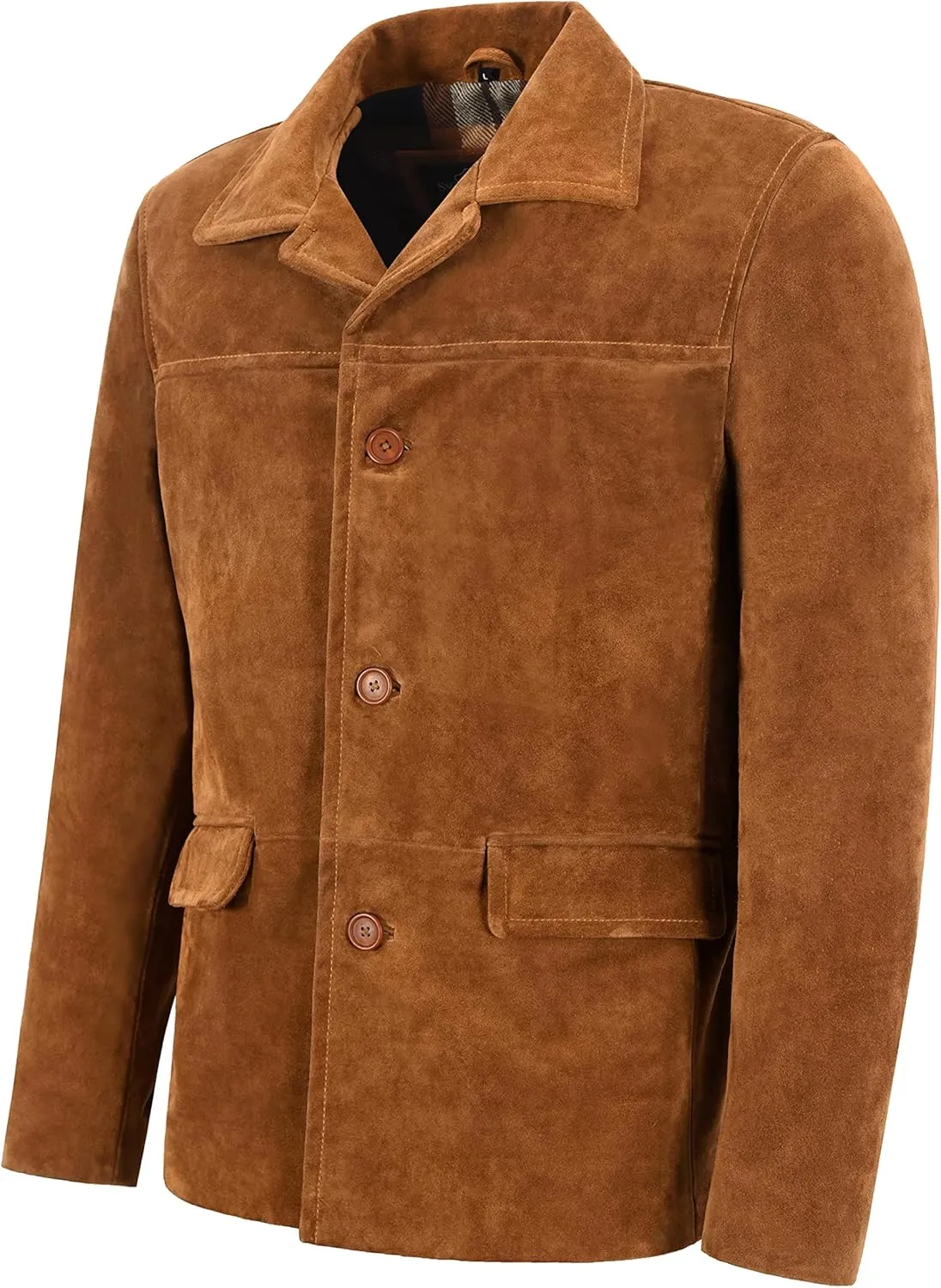 Men’s Classic Collar Real Tan Cow Suede Leather Box Button Fashion Coat Jacket 7742