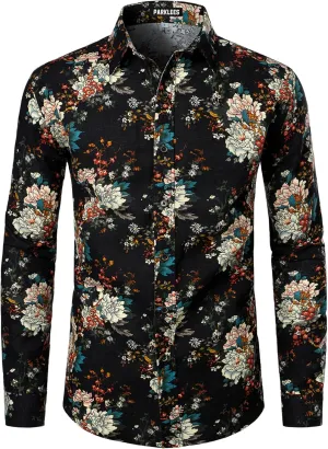Men's Cotton Linen 70s Disco Retro Traditional Pattern Printed Long Sleeve Button Down Shirt