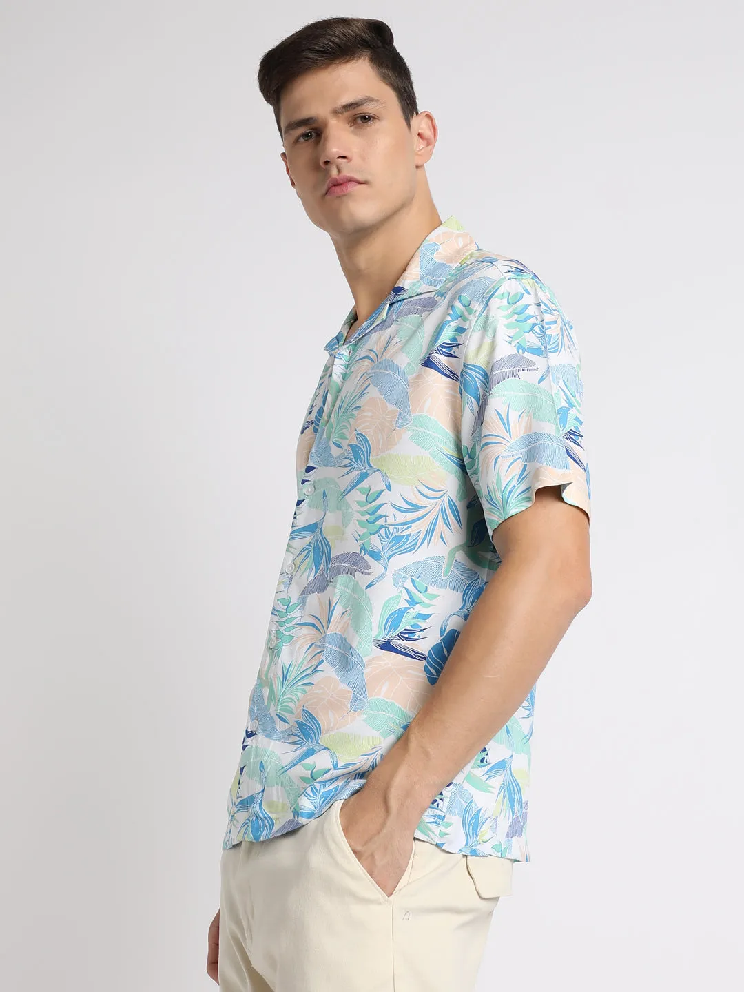 Men's Cuban Collar Regular Fit Print Multicolour Casual Shirts
