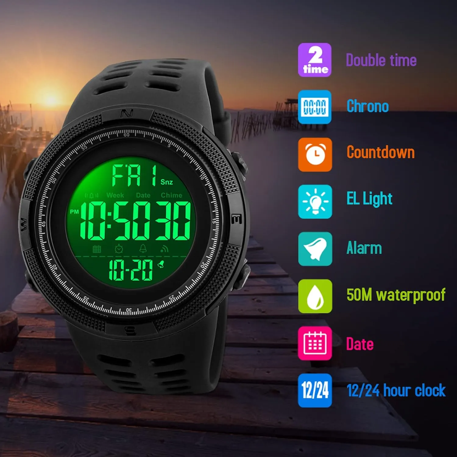 Men's Digital Sports Watch Waterproof Military Stopwatch Countdown Auto Date Alarm