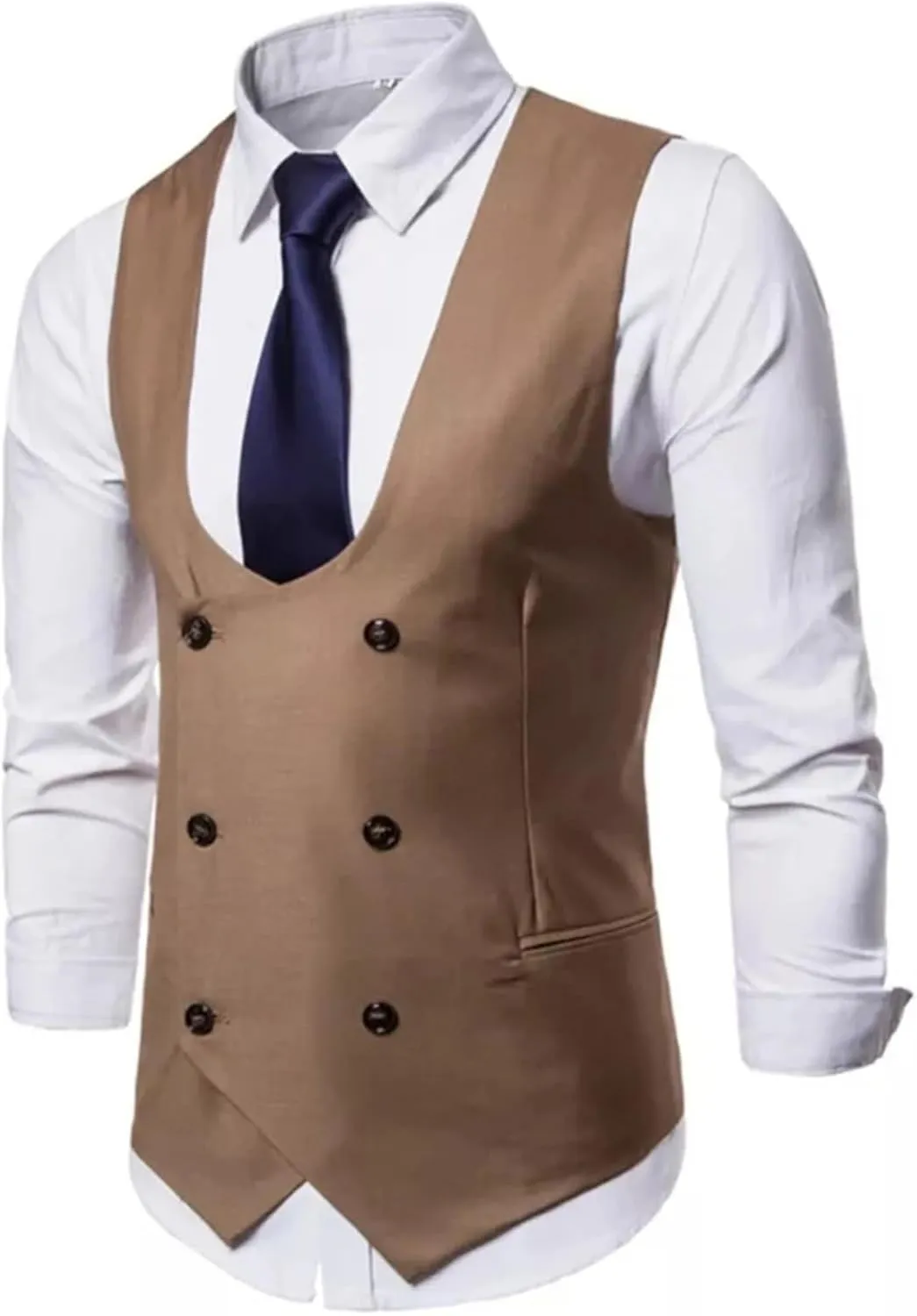 Men's Double Breasted Slim Business Waistcoat Sleeveless Jacket U Neck Tweed Wedding Party Suit Vest
