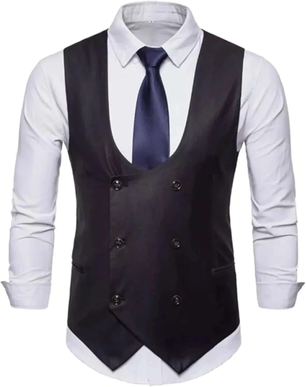 Men's Double Breasted Slim Business Waistcoat Sleeveless Jacket U Neck Tweed Wedding Party Suit Vest