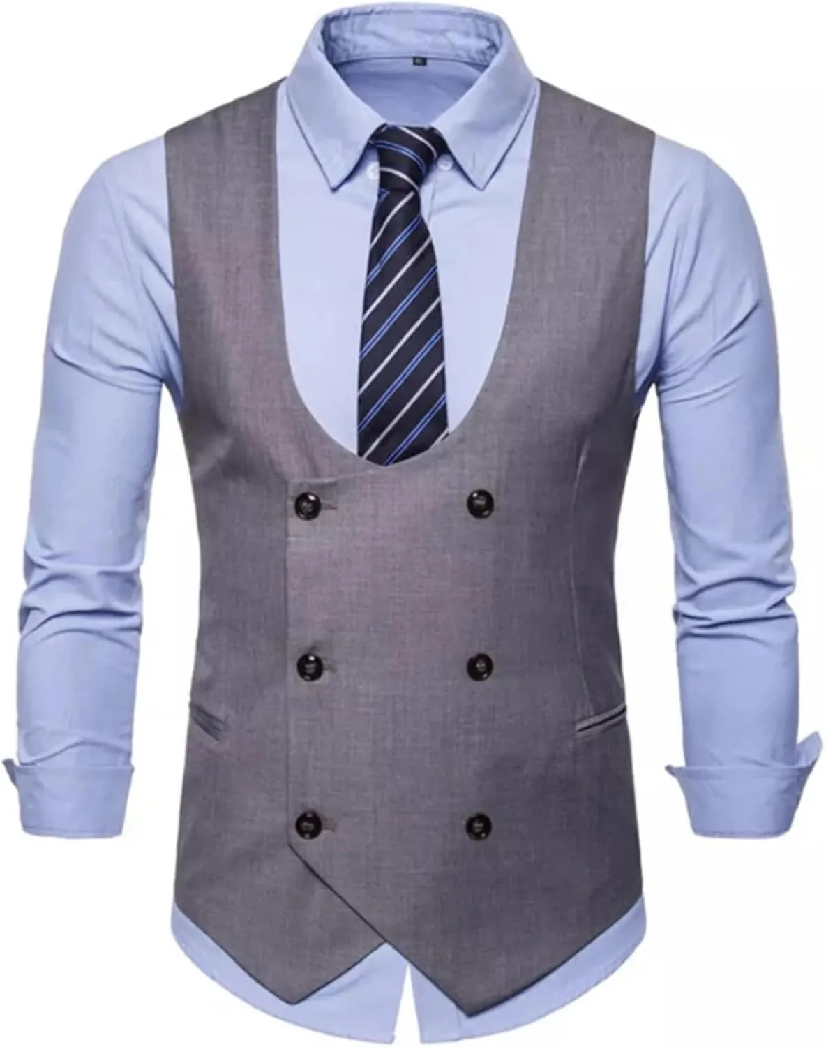 Men's Double Breasted Slim Business Waistcoat Sleeveless Jacket U Neck Tweed Wedding Party Suit Vest