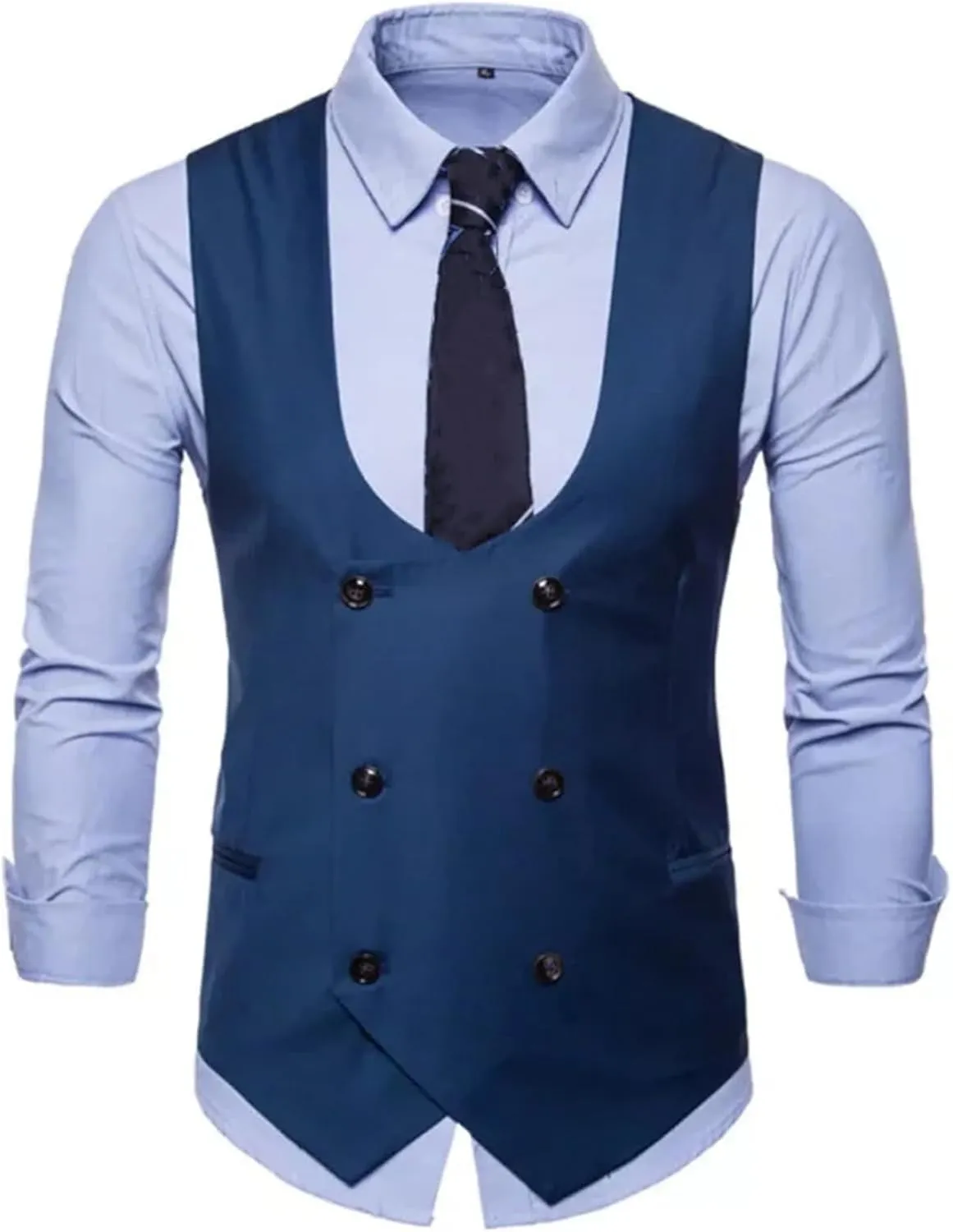 Men's Double Breasted Slim Business Waistcoat Sleeveless Jacket U Neck Tweed Wedding Party Suit Vest