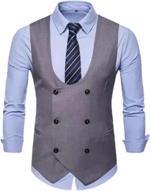 Men's Double Breasted Slim Business Waistcoat Sleeveless Jacket U Neck Tweed Wedding Party Suit Vest