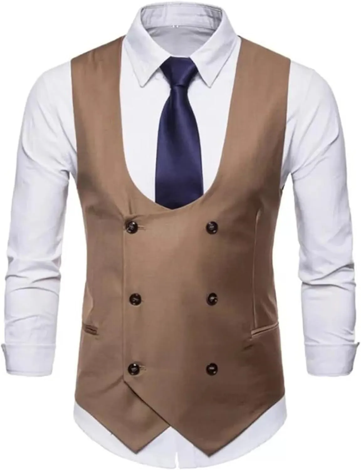 Men's Double Breasted Slim Business Waistcoat Sleeveless Jacket U Neck Tweed Wedding Party Suit Vest