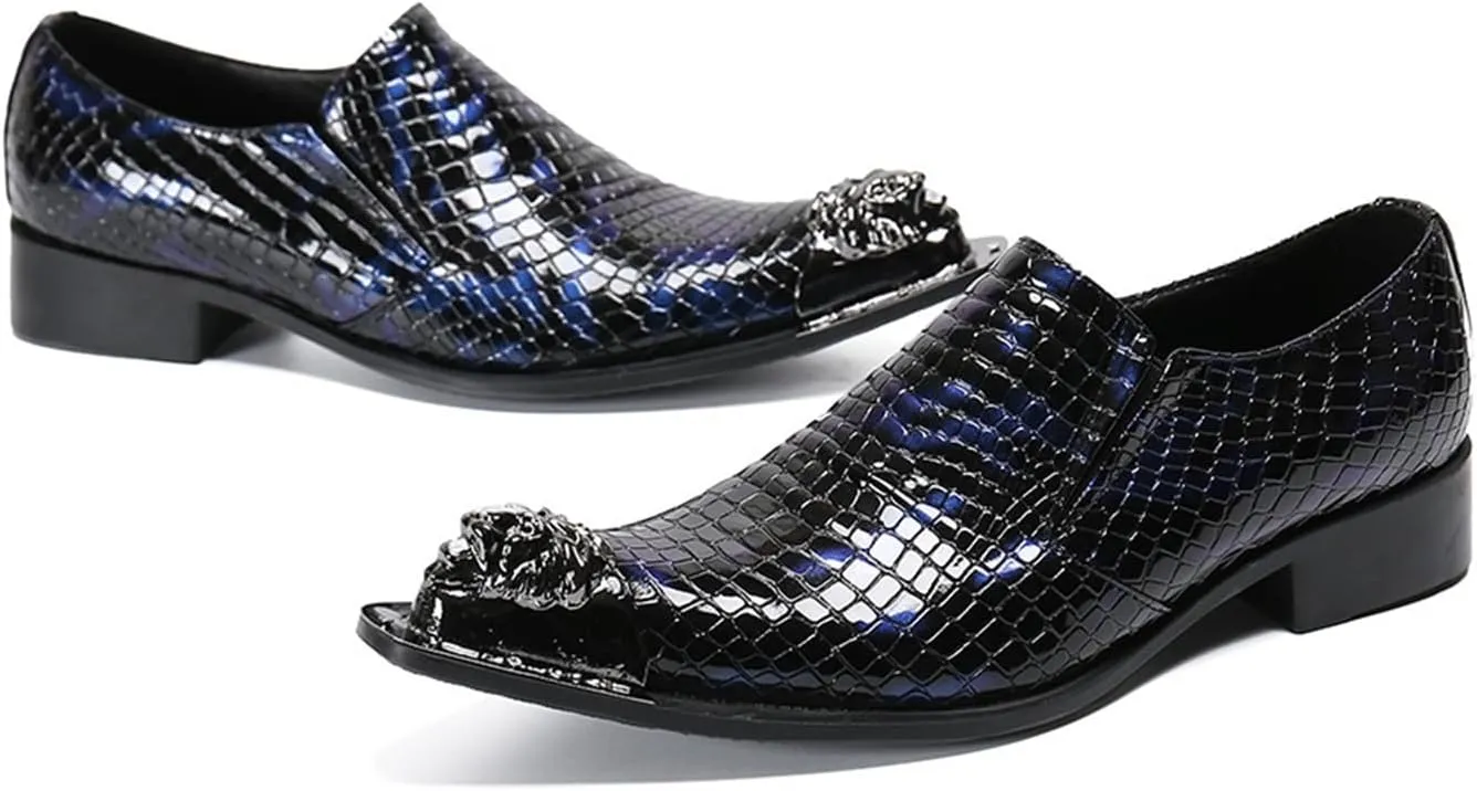 Mens Dress Shoes, Loafers Cowhide Shoes Genuine Leather Crocodile Pattern Large Size Low Top Metal Toe Slip-Ons Breathable Casual Shoes
