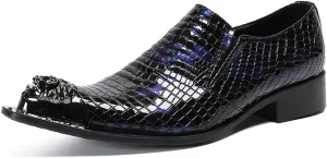 Mens Dress Shoes, Loafers Cowhide Shoes Genuine Leather Crocodile Pattern Large Size Low Top Metal Toe Slip-Ons Breathable Casual Shoes