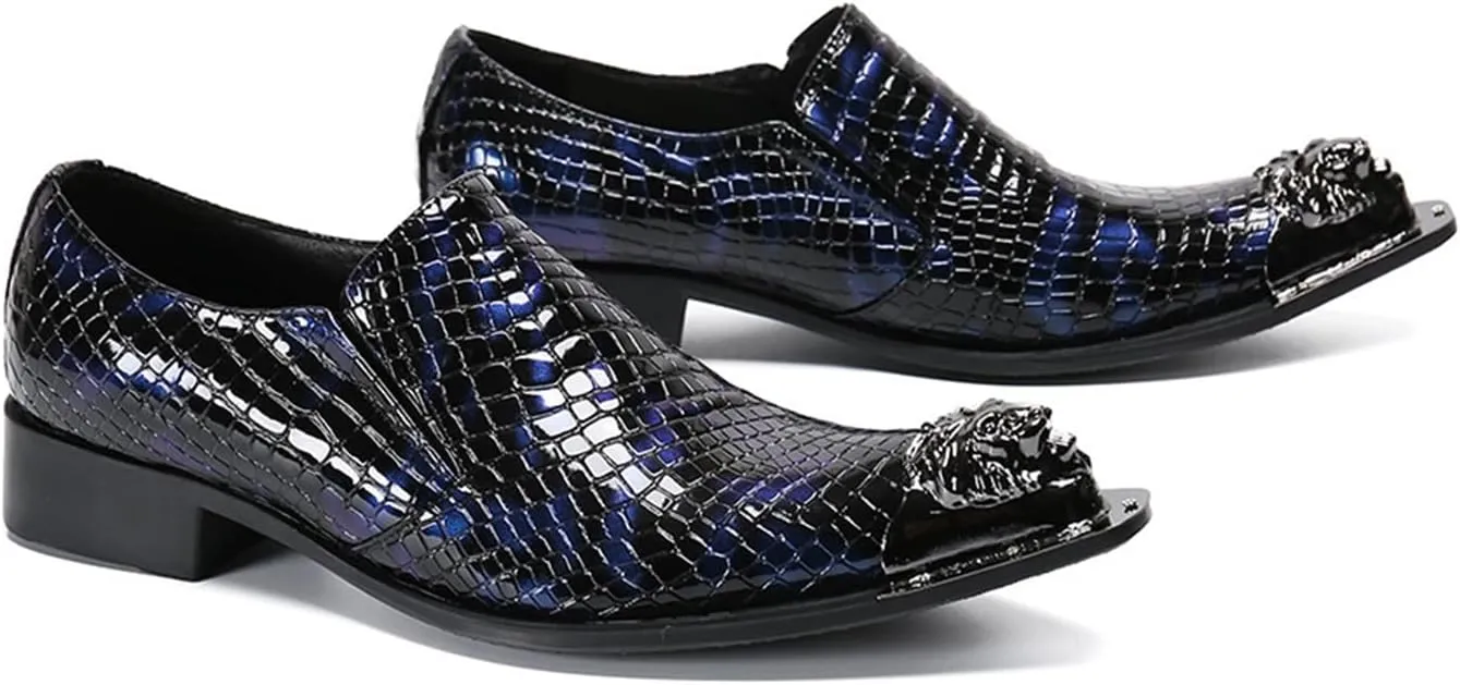 Mens Dress Shoes, Loafers Cowhide Shoes Genuine Leather Crocodile Pattern Large Size Low Top Metal Toe Slip-Ons Breathable Casual Shoes
