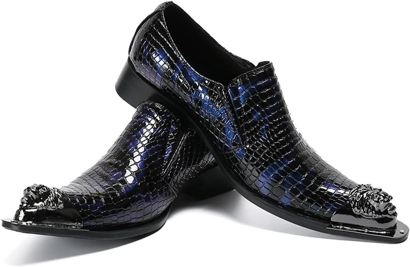 Mens Dress Shoes, Loafers Cowhide Shoes Genuine Leather Crocodile Pattern Large Size Low Top Metal Toe Slip-Ons Breathable Casual Shoes