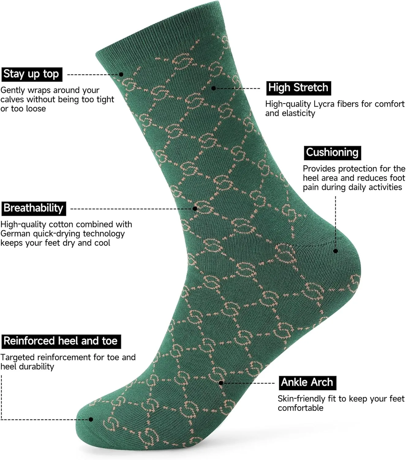 Men's Dress Socks Combed Cotton Anti Odor Quick Dry Moisture Wikcing Size 8-13 Crew Socks