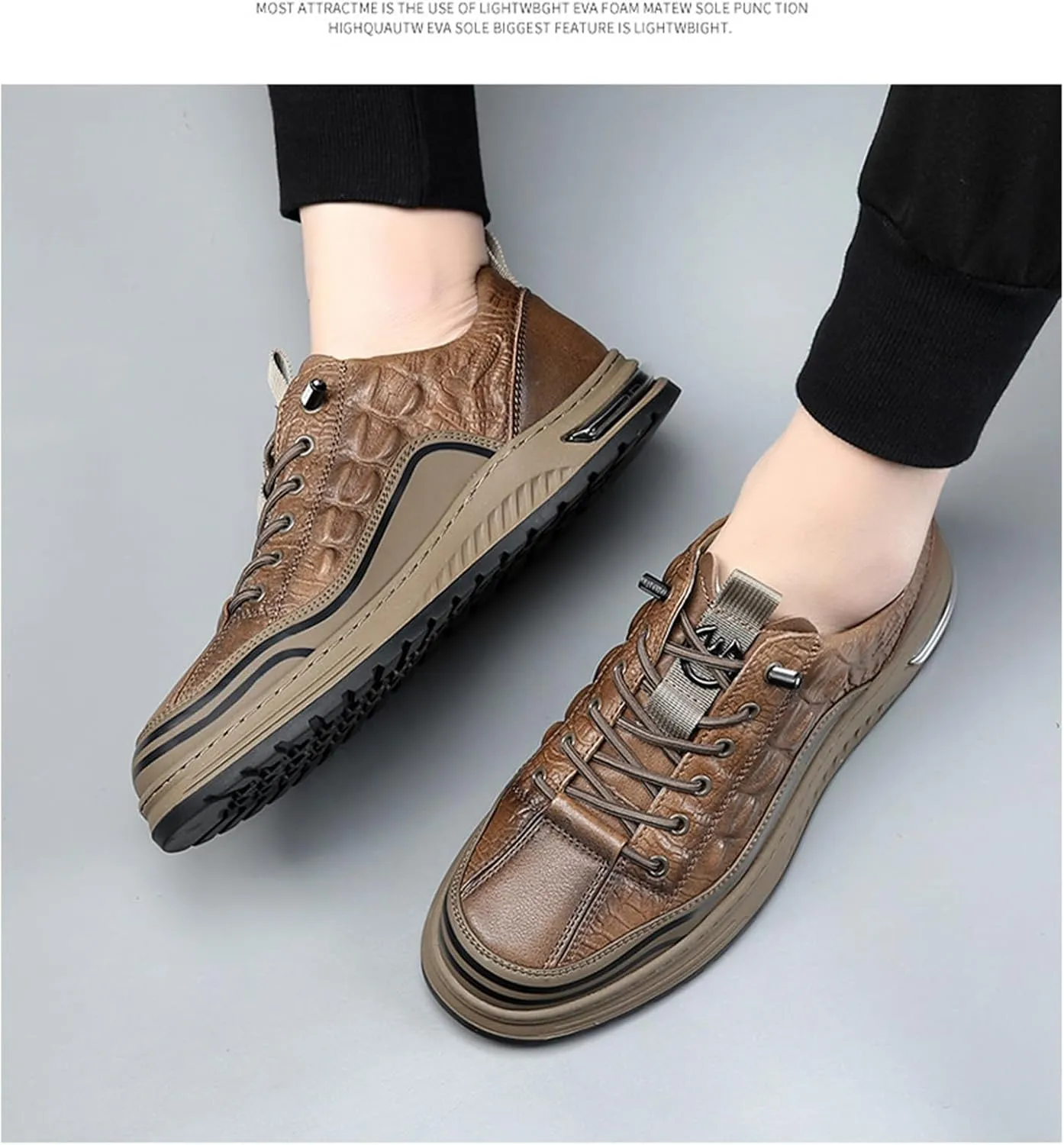 Men's Fashion Crocodile Pattern Cowhide Round Head Lace-up Oxfords Slip-on Business Height Lifting Non-Slip Softsole Sneakers Causal Business Work Driving Walking Shoes