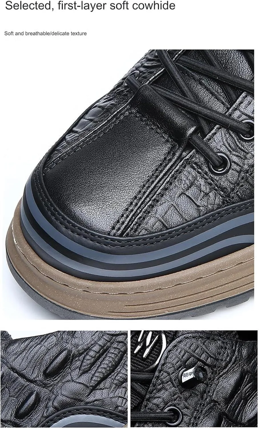 Men's Fashion Crocodile Pattern Cowhide Round Head Lace-up Oxfords Slip-on Business Height Lifting Non-Slip Softsole Sneakers Causal Business Work Driving Walking Shoes