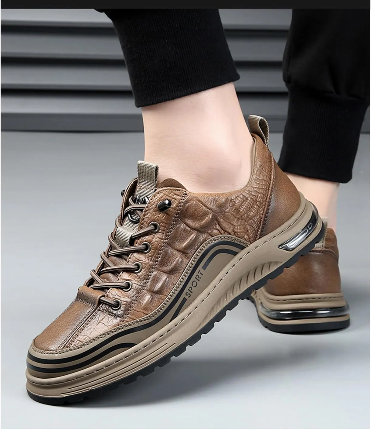 Men's Fashion Crocodile Pattern Cowhide Round Head Lace-up Oxfords Slip-on Business Height Lifting Non-Slip Softsole Sneakers Causal Business Work Driving Walking Shoes