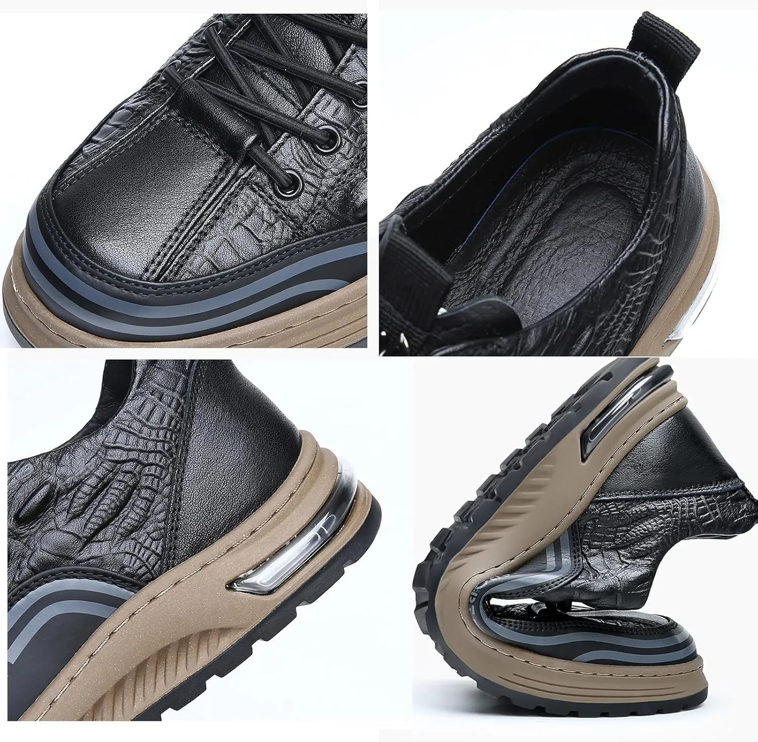 Men's Fashion Crocodile Pattern Cowhide Round Head Lace-up Oxfords Slip-on Business Height Lifting Non-Slip Softsole Sneakers Causal Business Work Driving Walking Shoes