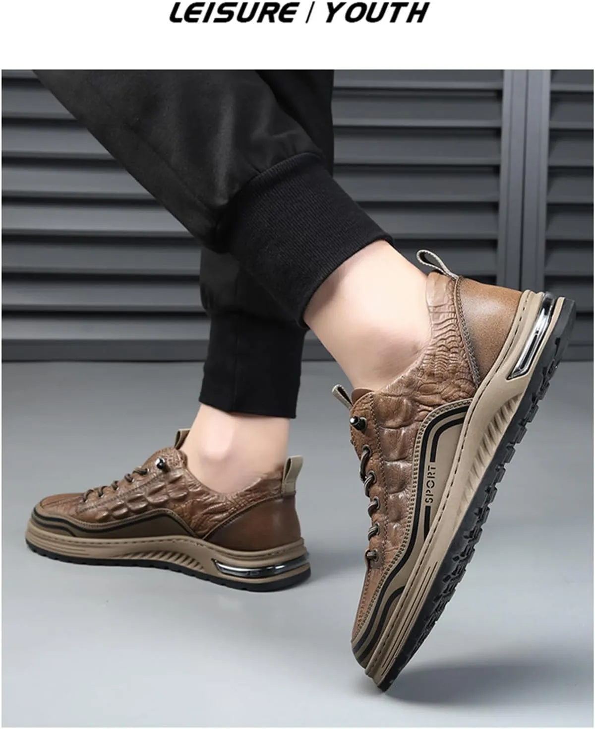Men's Fashion Crocodile Pattern Cowhide Round Head Lace-up Oxfords Slip-on Business Height Lifting Non-Slip Softsole Sneakers Causal Business Work Driving Walking Shoes