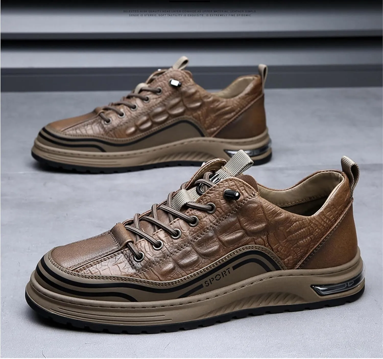 Men's Fashion Crocodile Pattern Cowhide Round Head Lace-up Oxfords Slip-on Business Height Lifting Non-Slip Softsole Sneakers Causal Business Work Driving Walking Shoes