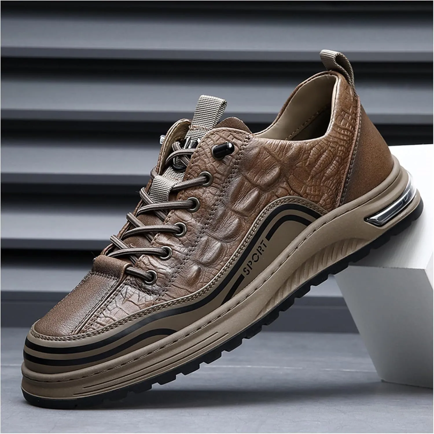 Men's Fashion Crocodile Pattern Cowhide Round Head Lace-up Oxfords Slip-on Business Height Lifting Non-Slip Softsole Sneakers Causal Business Work Driving Walking Shoes