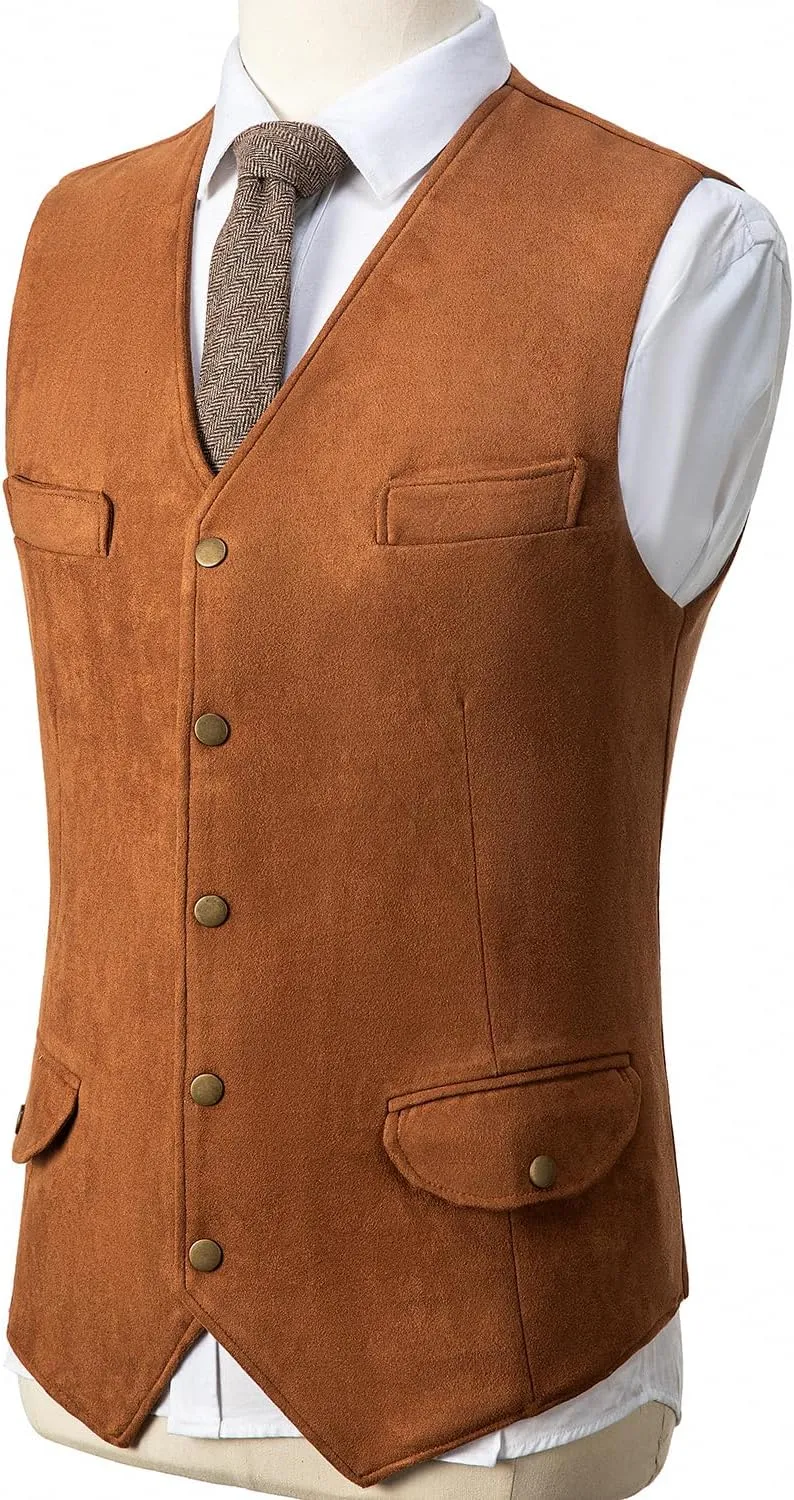 Men's Faux Suede Leather Cowboy Western Vest Cowhide Classic Warm Vest Waistcoat for Men