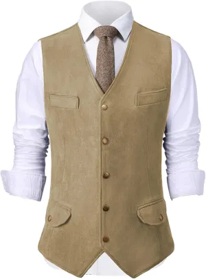 Men's Faux Suede Leather Cowboy Western Vest Cowhide Classic Warm Vest Waistcoat for Men