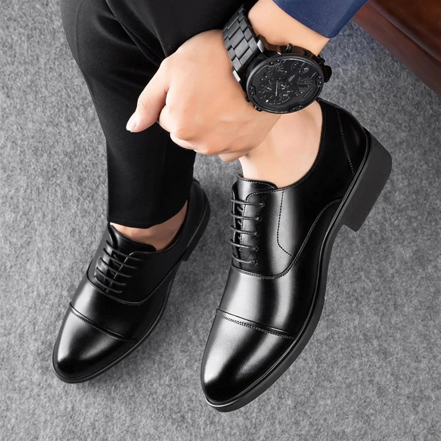 Men's Formal Business Oxfords Lacing Invisible Height Increasing Elevator Shoes 2.4 Inches Taller Genuine Leather Cap Toe Block Heel Formal Men