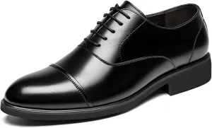 Men's Formal Business Oxfords Lacing Invisible Height Increasing Elevator Shoes 2.4 Inches Taller Genuine Leather Cap Toe Block Heel Formal Men