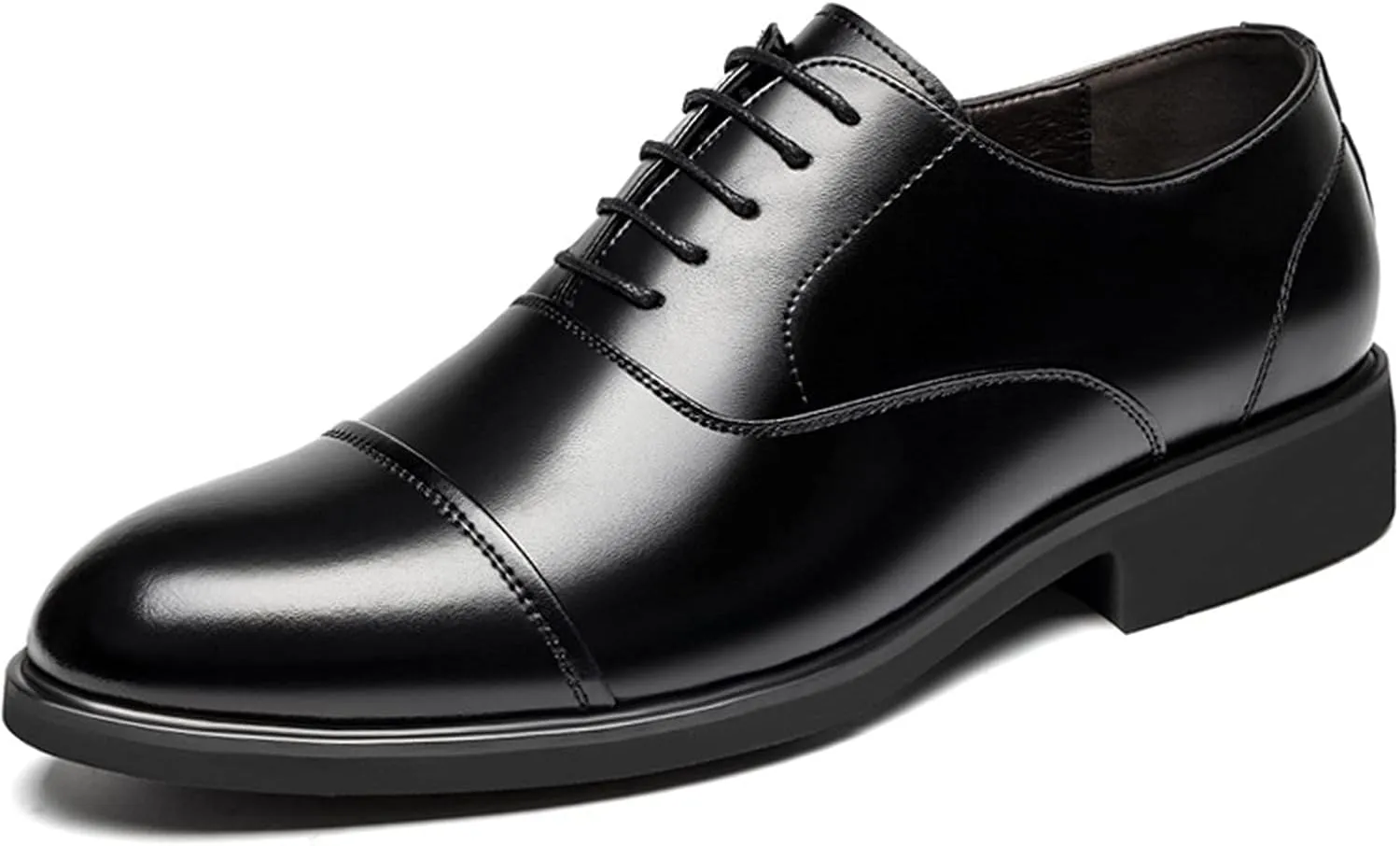 Men's Formal Business Oxfords Lacing Invisible Height Increasing Elevator Shoes 2.4 Inches Taller Genuine Leather Cap Toe Block Heel Formal Men