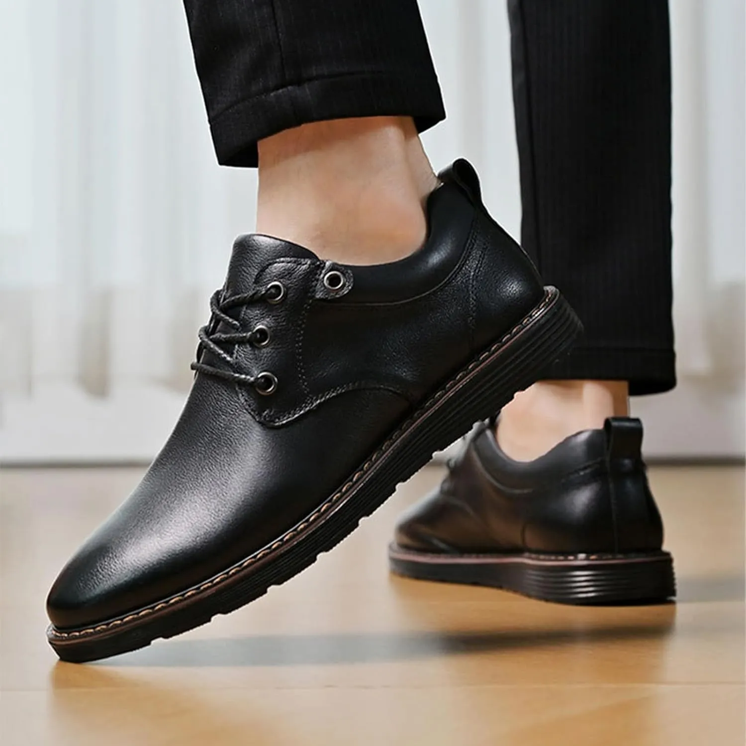 Men's Genuine Leather lace-up Causal Oxfords Comfortable Non-Slip Plain Toe Retro Business Office Dress Dreby Walking Office Shoes for Work and All-Day Comfort