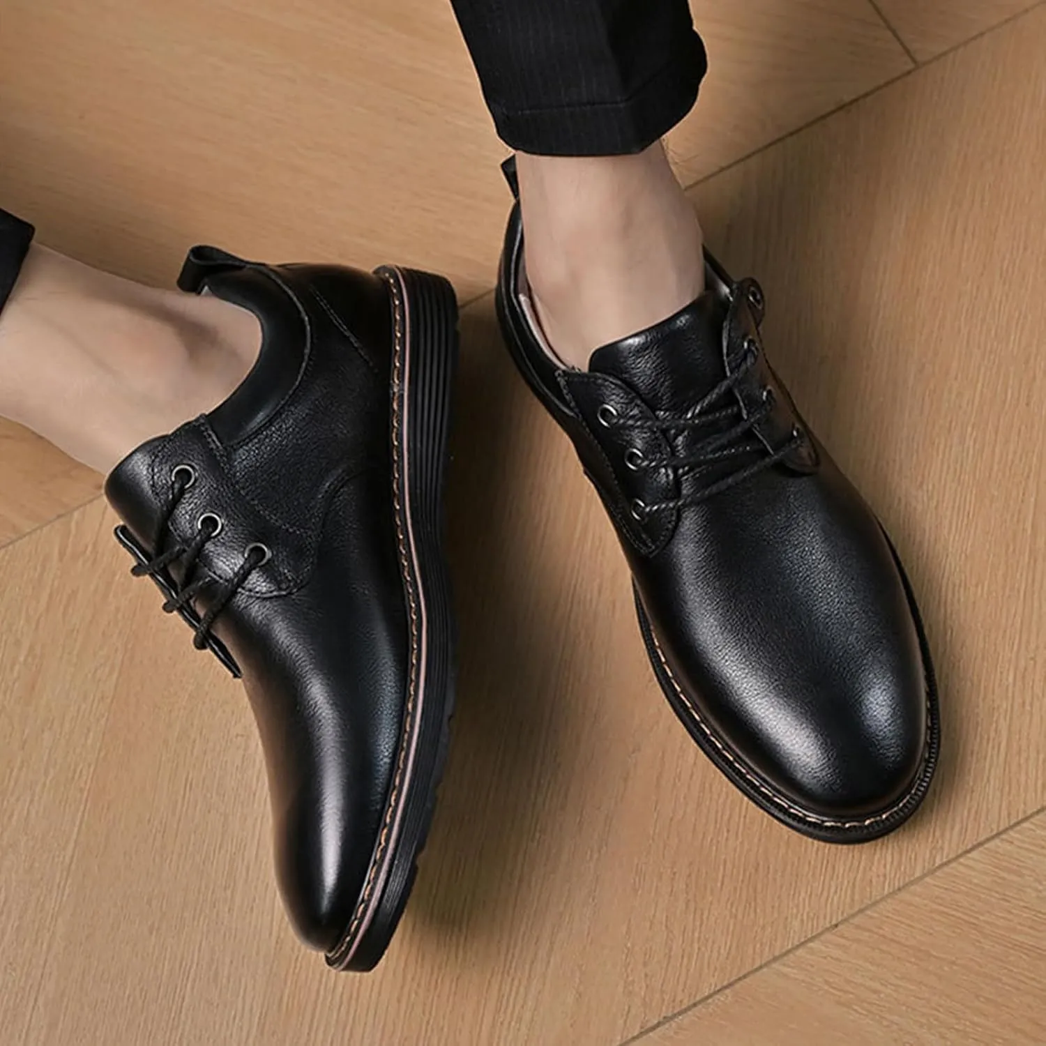 Men's Genuine Leather lace-up Causal Oxfords Comfortable Non-Slip Plain Toe Retro Business Office Dress Dreby Walking Office Shoes for Work and All-Day Comfort