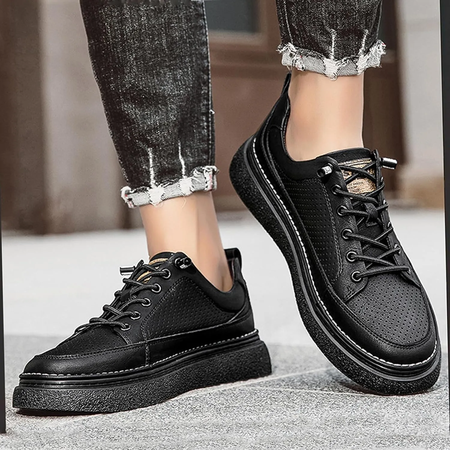 Men's Genuine Leather Platform Slip On Fashion Sneakers Round toe Retro hollow Soft bottom Comfortable Lace-up casual Skateboard Shoes for Walking Driving Business Working Office