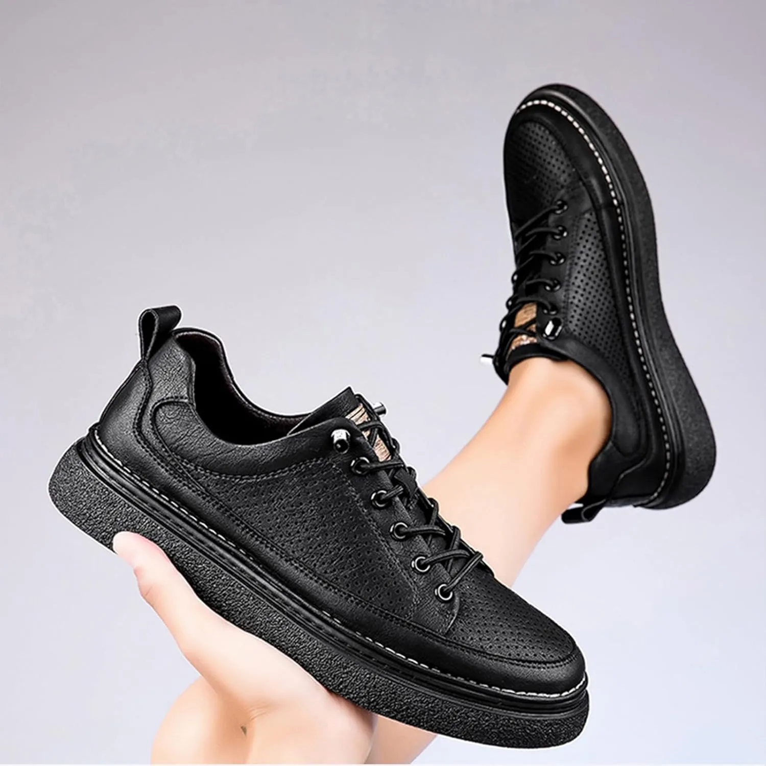Men's Genuine Leather Platform Slip On Fashion Sneakers Round toe Retro hollow Soft bottom Comfortable Lace-up casual Skateboard Shoes for Walking Driving Business Working Office