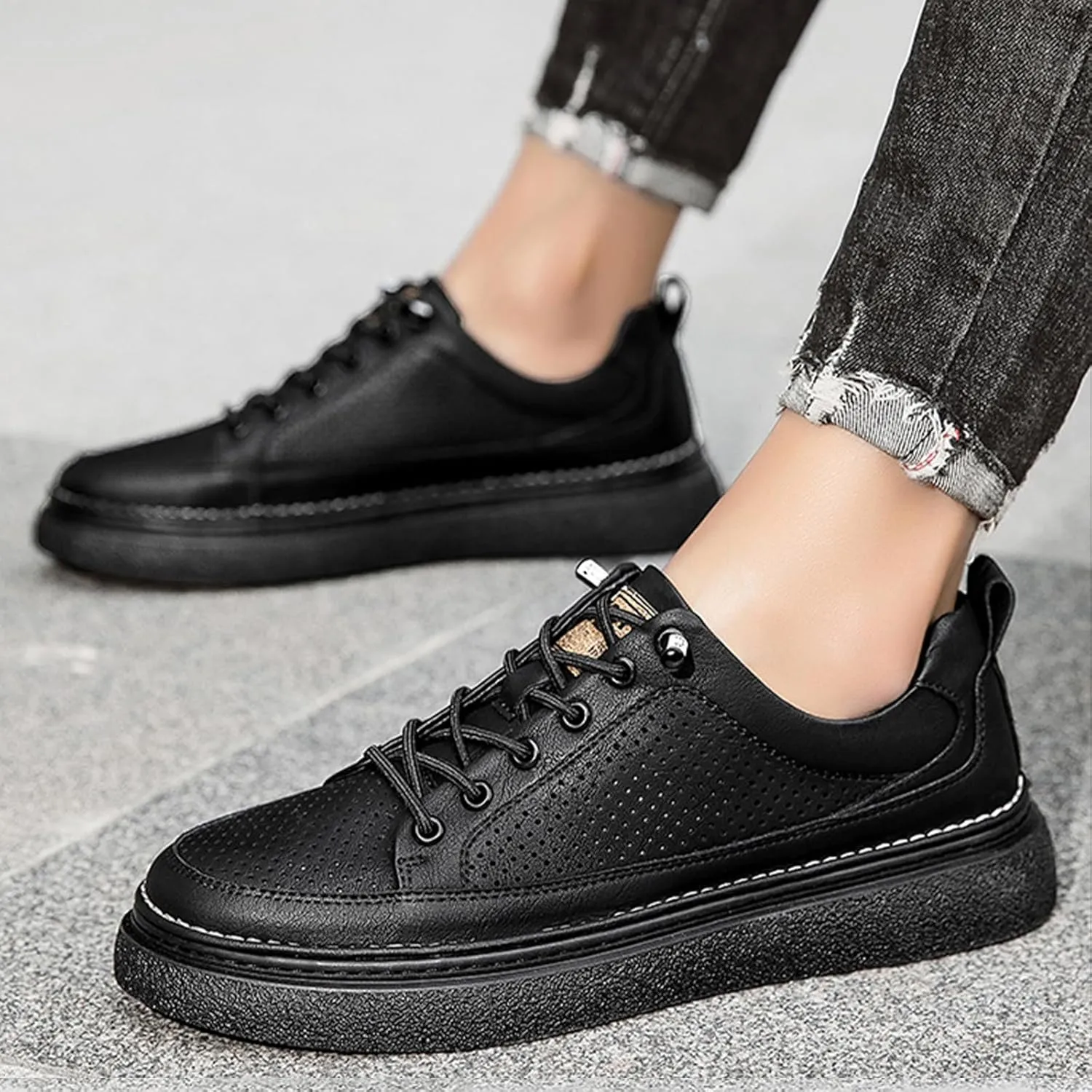 Men's Genuine Leather Platform Slip On Fashion Sneakers Round toe Retro hollow Soft bottom Comfortable Lace-up casual Skateboard Shoes for Walking Driving Business Working Office