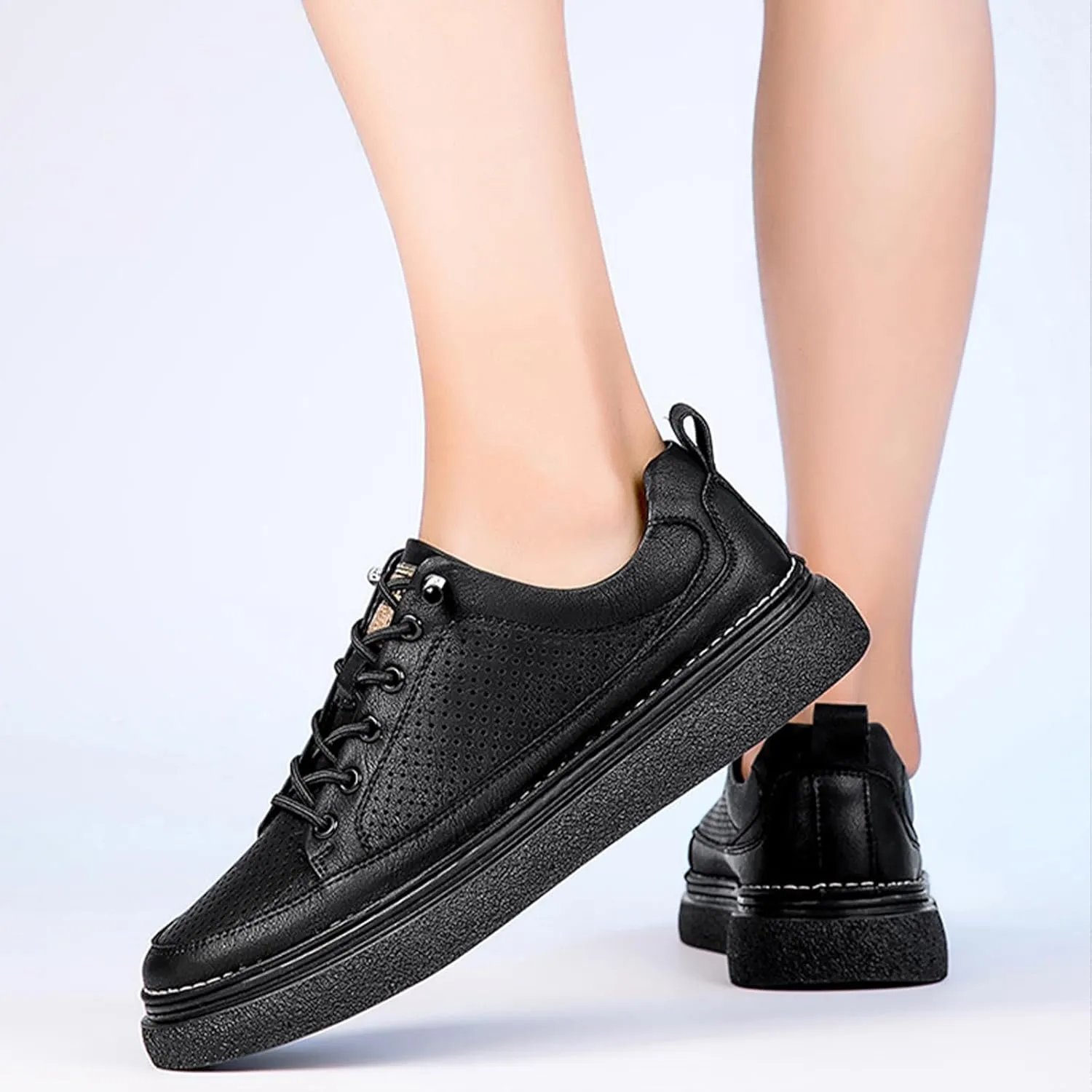 Men's Genuine Leather Platform Slip On Fashion Sneakers Round toe Retro hollow Soft bottom Comfortable Lace-up casual Skateboard Shoes for Walking Driving Business Working Office