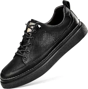 Men's Genuine Leather Platform Slip On Fashion Sneakers Round toe Retro hollow Soft bottom Comfortable Lace-up casual Skateboard Shoes for Walking Driving Business Working Office