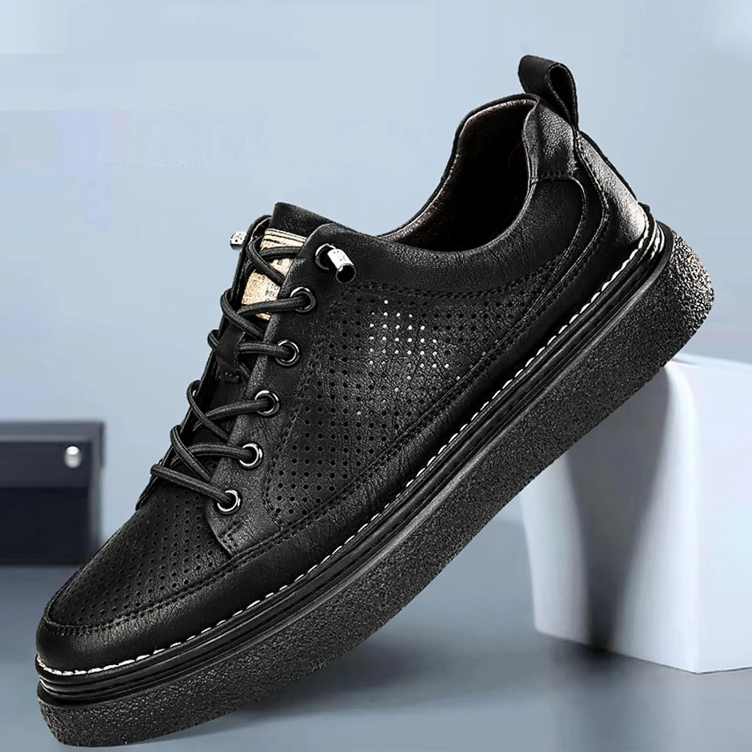 Men's Genuine Leather Platform Slip On Fashion Sneakers Round toe Retro hollow Soft bottom Comfortable Lace-up casual Skateboard Shoes for Walking Driving Business Working Office