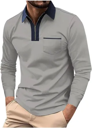 Mens Golf Polo Shirts Fall Color Block Zipper T-shirt Fashion Dressy Business Tops Quick Dry Comfy Tees with Pocket