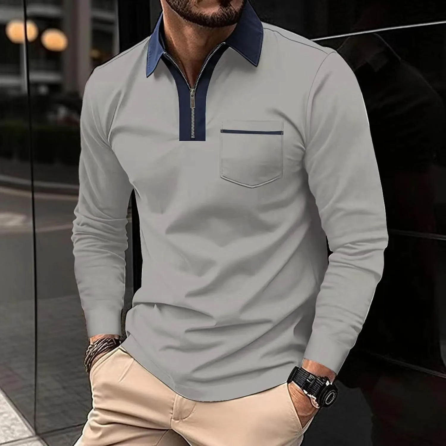 Mens Golf Polo Shirts Fall Color Block Zipper T-shirt Fashion Dressy Business Tops Quick Dry Comfy Tees with Pocket