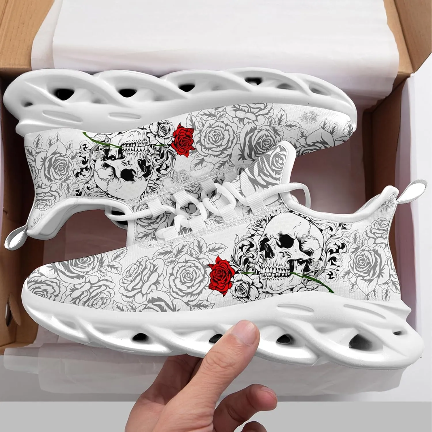 Men's Gothic Skull Running Shoes, Punk Rock Breathable Cushion Sports Walking Sneakers Gym Jogging Tennis Shoes