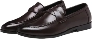 Mens Korean Style Genuine Leather Dress Shoes Pointed Toe Slip On Elegant Low Top Bean Wedding Classic Brown
