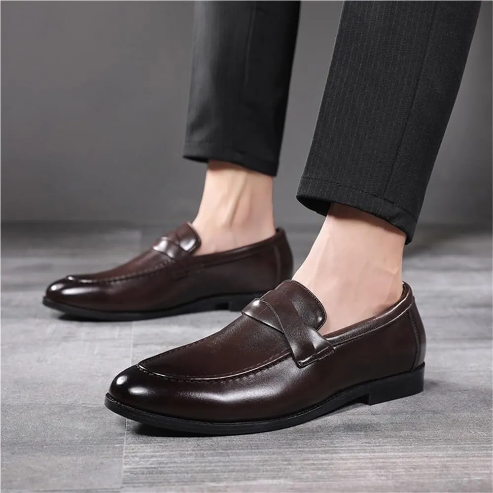 Mens Korean Style Genuine Leather Dress Shoes Pointed Toe Slip On Elegant Low Top Bean Wedding Classic Brown
