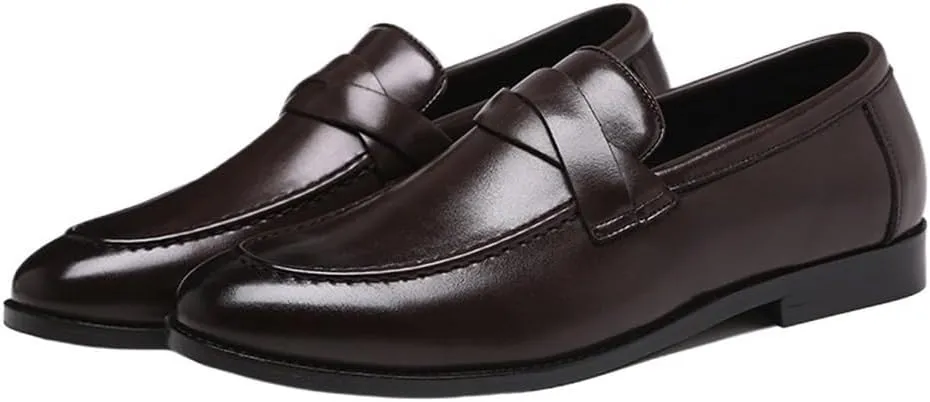 Mens Korean Style Genuine Leather Dress Shoes Pointed Toe Slip On Elegant Low Top Bean Wedding Classic Brown