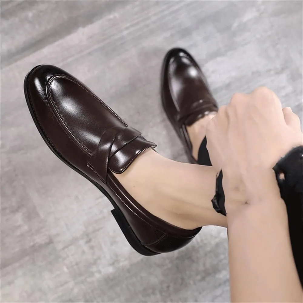 Mens Korean Style Genuine Leather Dress Shoes Pointed Toe Slip On Elegant Low Top Bean Wedding Classic Brown