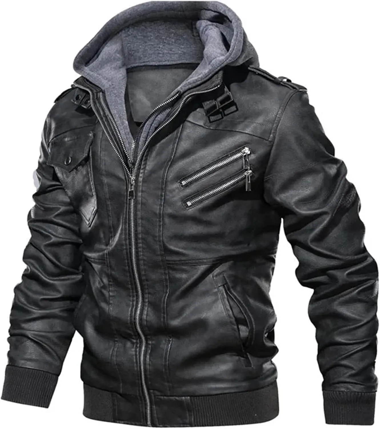 Men's Lapel Zipper Hooded Leather Jacket Casual Motorcycle Rider Leather Jacket With Multiple Pockets
