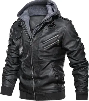 Men's Lapel Zipper Hooded Leather Jacket Casual Motorcycle Rider Leather Jacket With Multiple Pockets