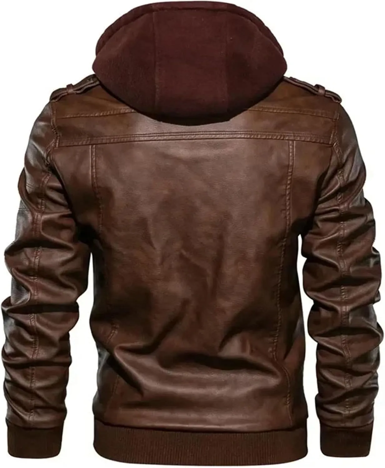 Men's Lapel Zipper Hooded Leather Jacket Casual Motorcycle Rider Leather Jacket With Multiple Pockets