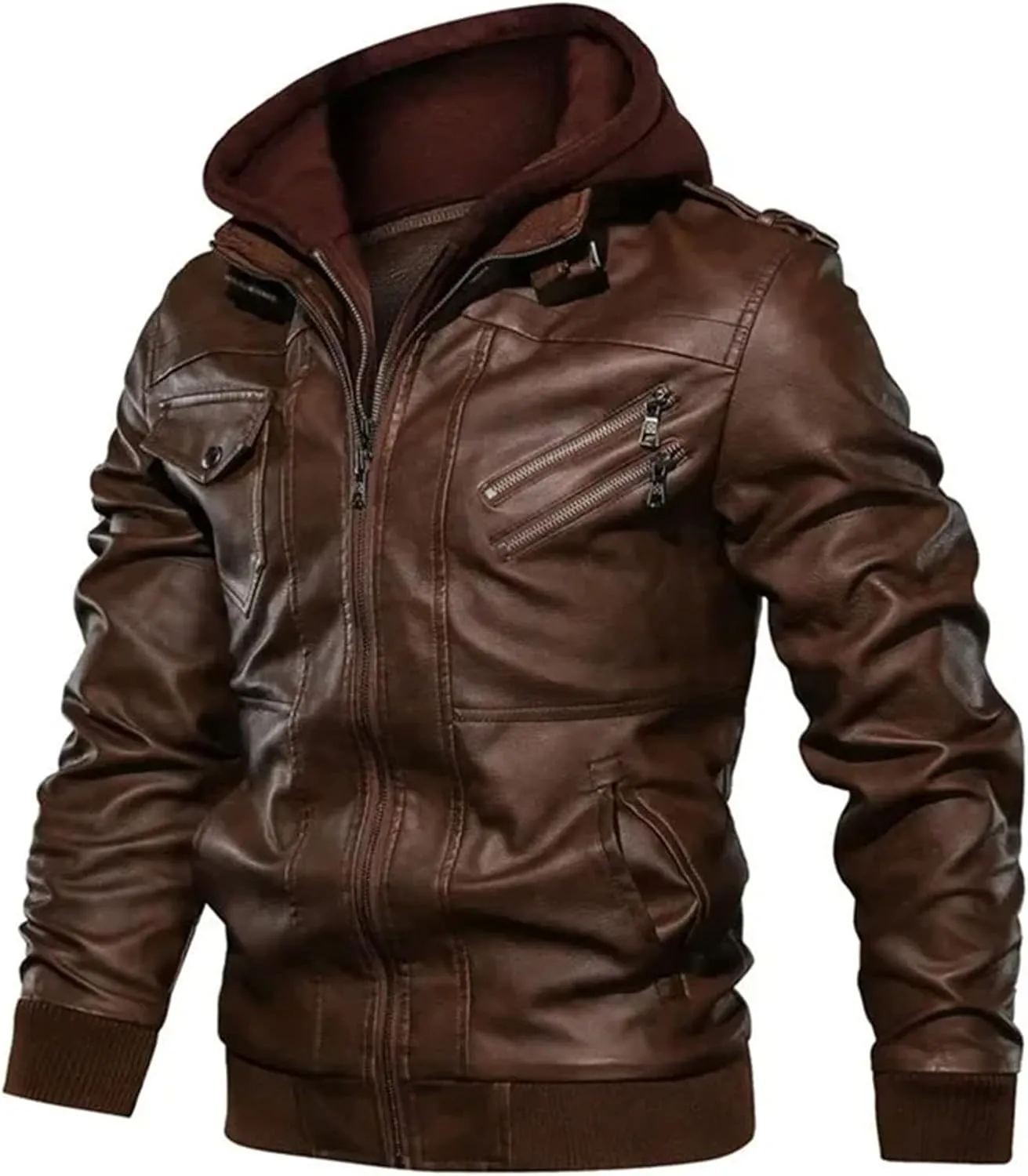 Men's Lapel Zipper Hooded Leather Jacket Casual Motorcycle Rider Leather Jacket With Multiple Pockets