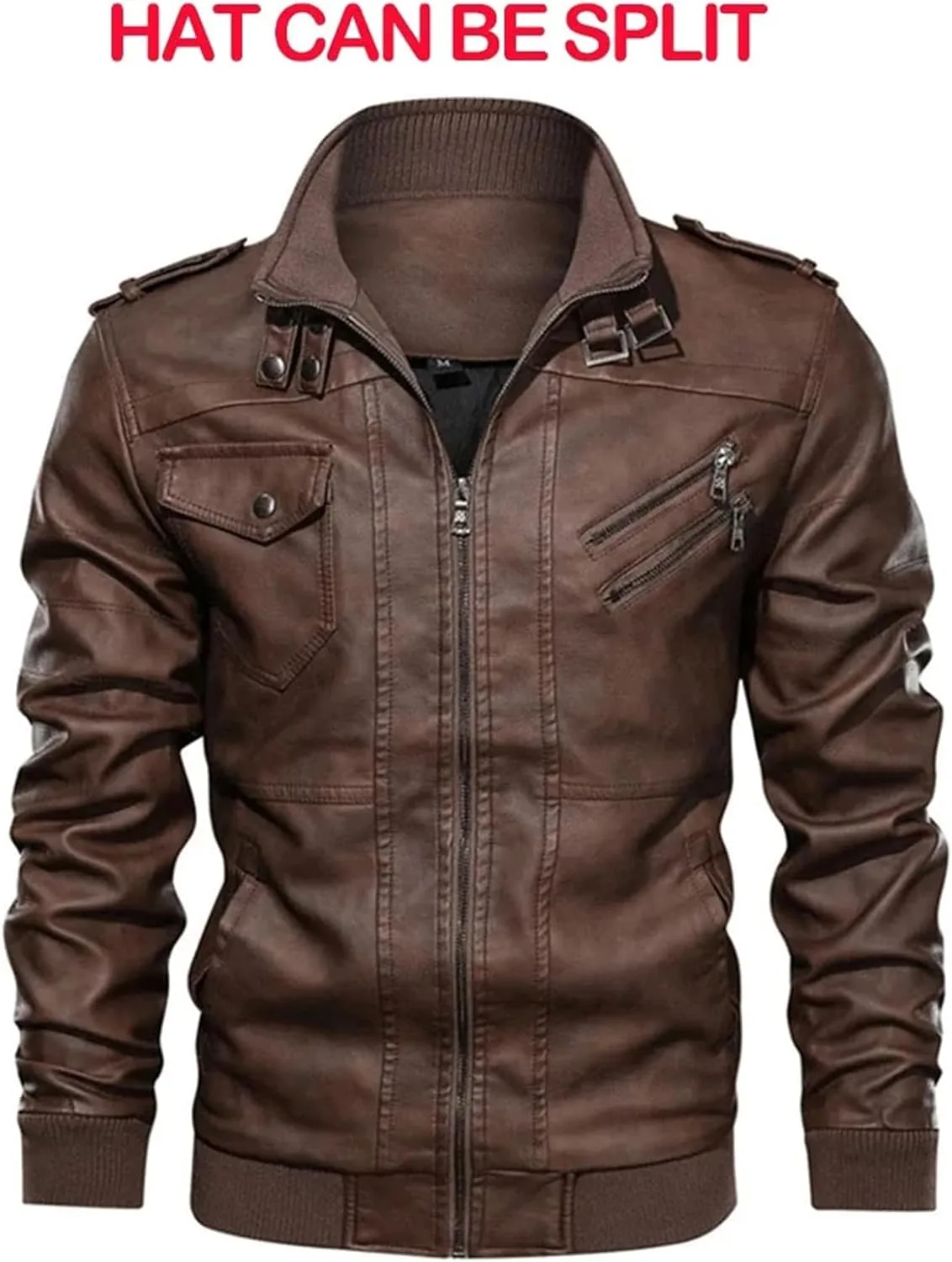 Men's Lapel Zipper Hooded Leather Jacket Casual Motorcycle Rider Leather Jacket With Multiple Pockets