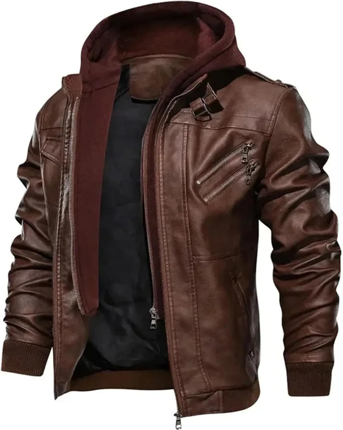 Men's Lapel Zipper Hooded Leather Jacket Casual Motorcycle Rider Leather Jacket With Multiple Pockets